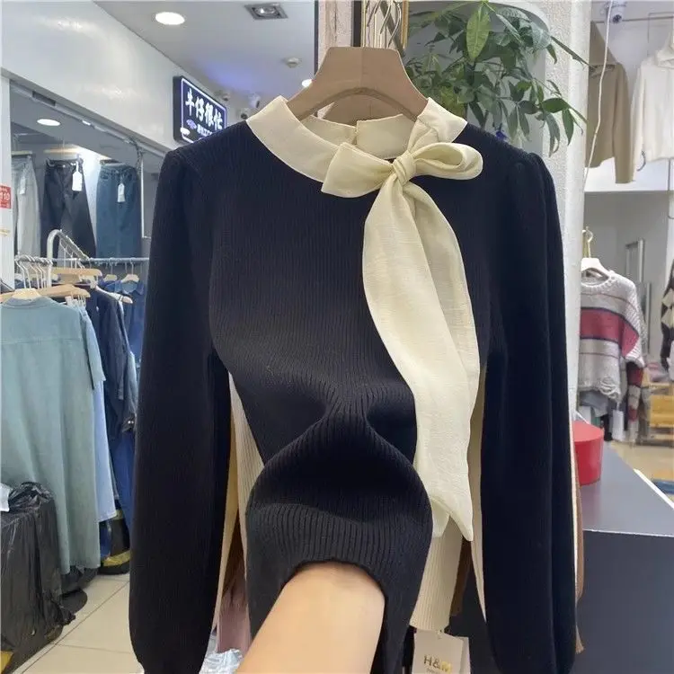 Half High Neck Patchwork Bow Knit Sweater for Women 2024 Purple Sueters De Mujer Sweet Long Sleeve Tops Pullover Jersey Black