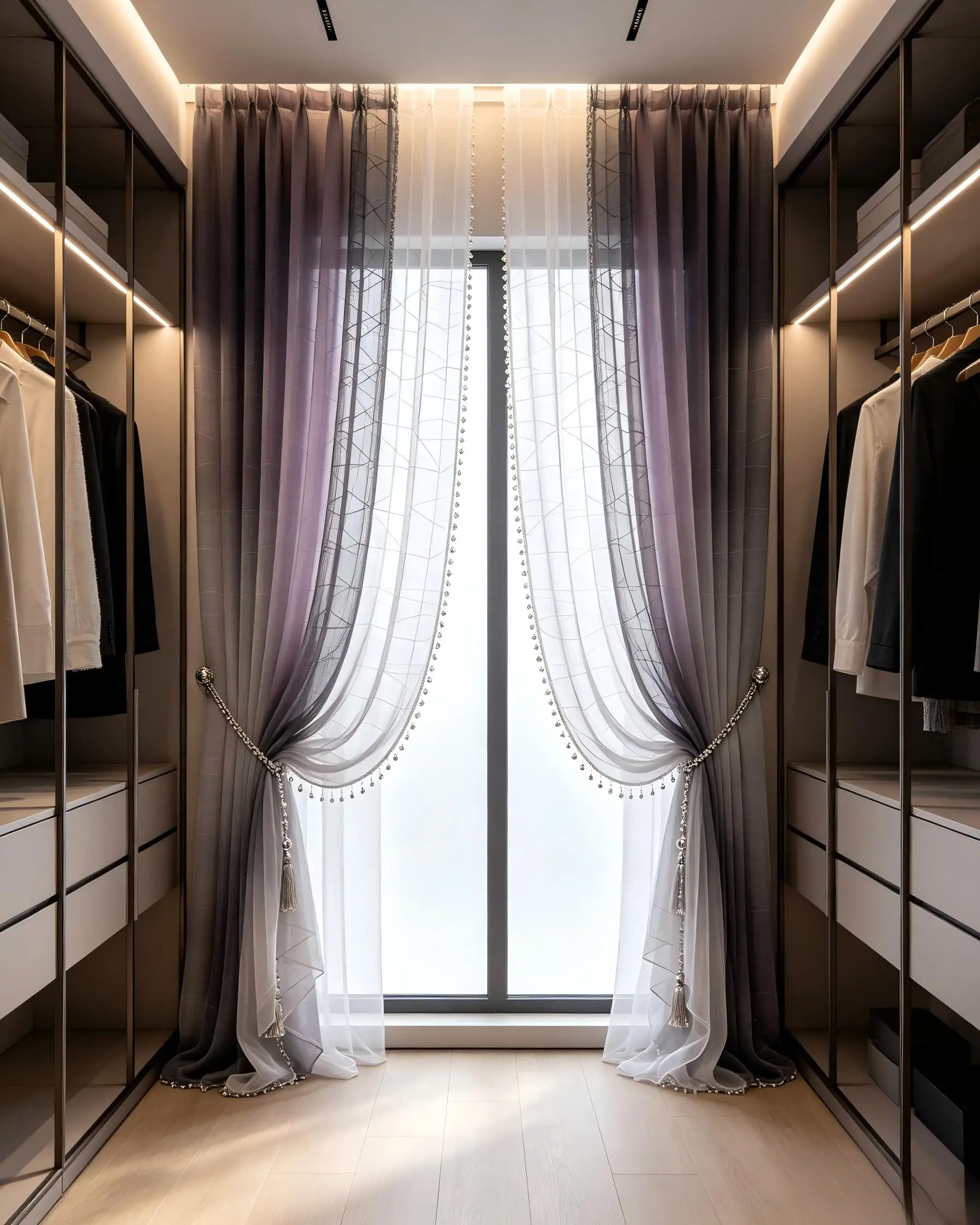 200400  Matte gauze curtain+gradient geometric grid pattern+silver bead chain and gauze tassel curtain