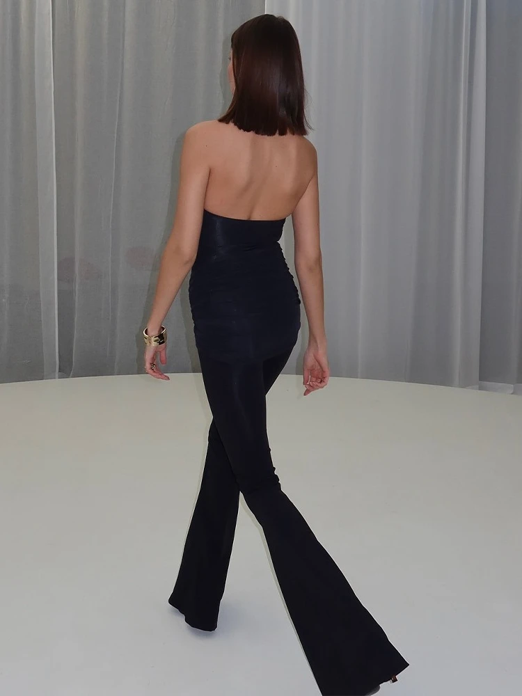 レディースセクシーノースリーブバックレスジャンプスーツ2025夏レディオフショルダーハイウエストメタルルーシュフレアパンツオーバーオールストリートウェア