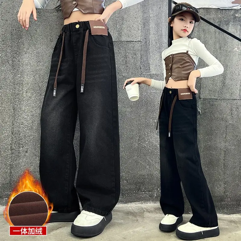 Kids Winter Insulated Jeans with Drawstring For Girls Loose Straight Fit Cashmere Lined Thermal Denim Pants Child Warm Trousers