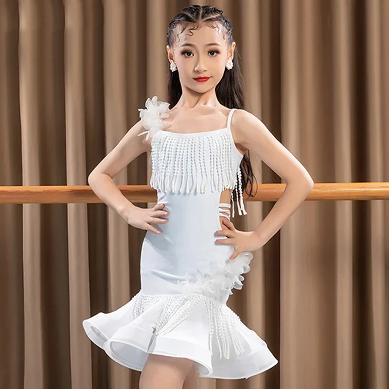 White Latin Dance Dress Girls Performance Costume Summer Fringe Dress Kids Latin Dance Clothes Group Practice Clothing DNV19940