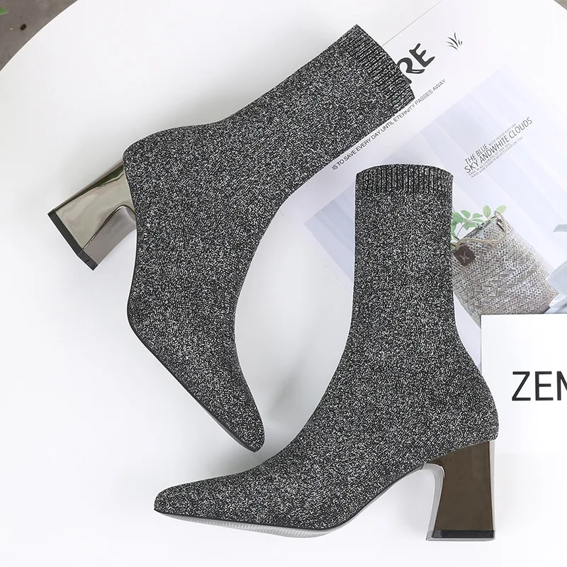 Fashion Women Boots White Black Pointed Toe Elastic Socks Boots Square Heels Boots Plus Size Ankle Boots Autumn Winter Shoes 42