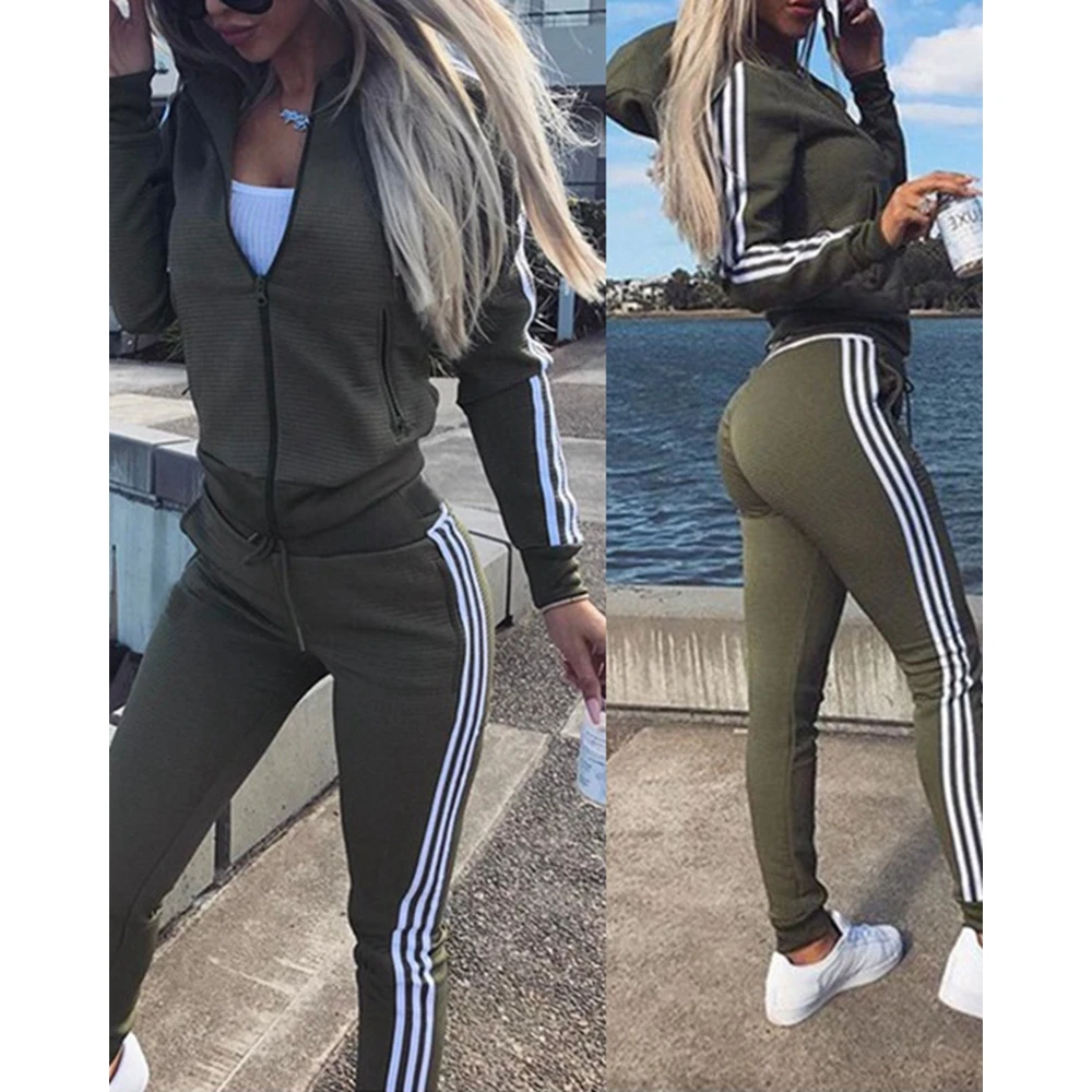 Autumn Women Striped Colorblock Long Sleeve Zipper Fly Hoodie & Cuffed Pants Sets Sporty Streetwear Two Pieces Sweatpants Suit