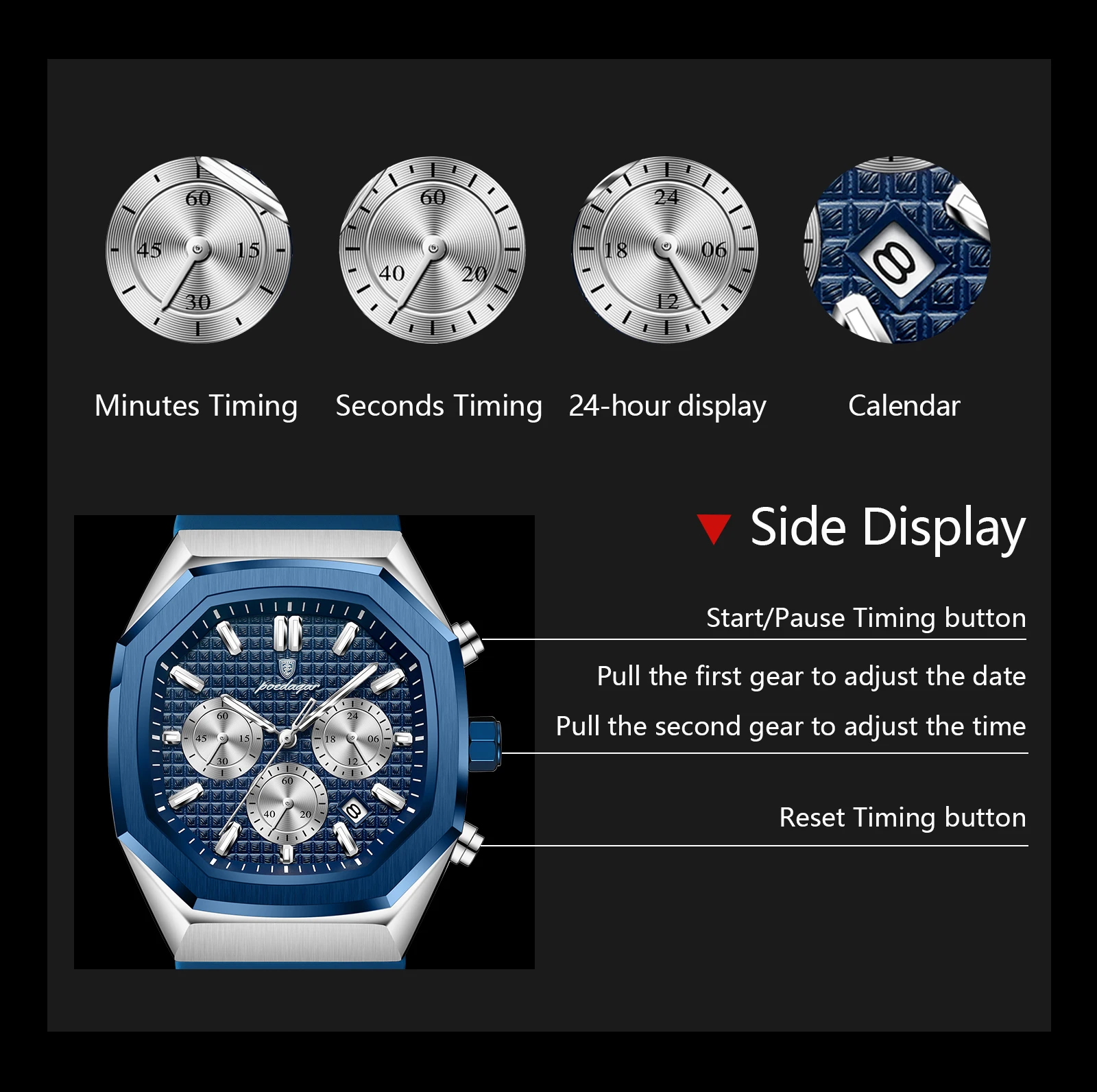 POEDAGAR Business herren Uhr Chronograph Datum Silikon Armband Quarz Mann Uhr Wasserdicht Leucht Mode Uhren Für Männer Reloj – Detail 7