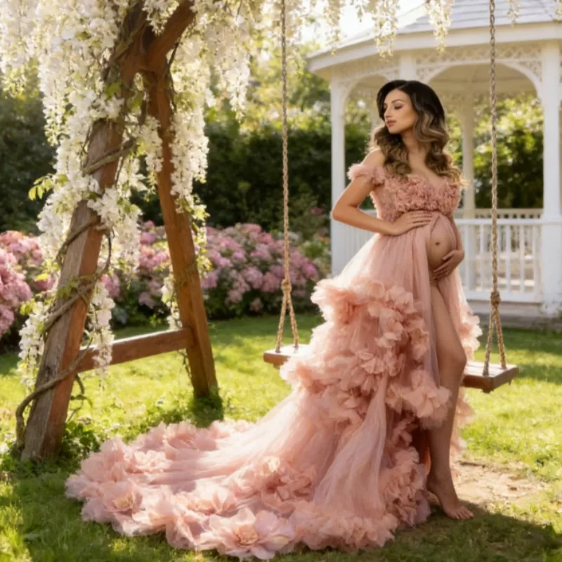 

Summer Spring New European American Women Maternity Long Dress Flared Tulle Ball Gown Maxi Dress