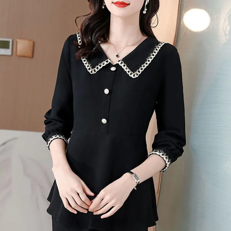 Fashion Women\'s Solid Color Peter Pan Collar Blouse Spring Autumn New Elegant All-match Slim Long Sleeve Shirt Female Clothing