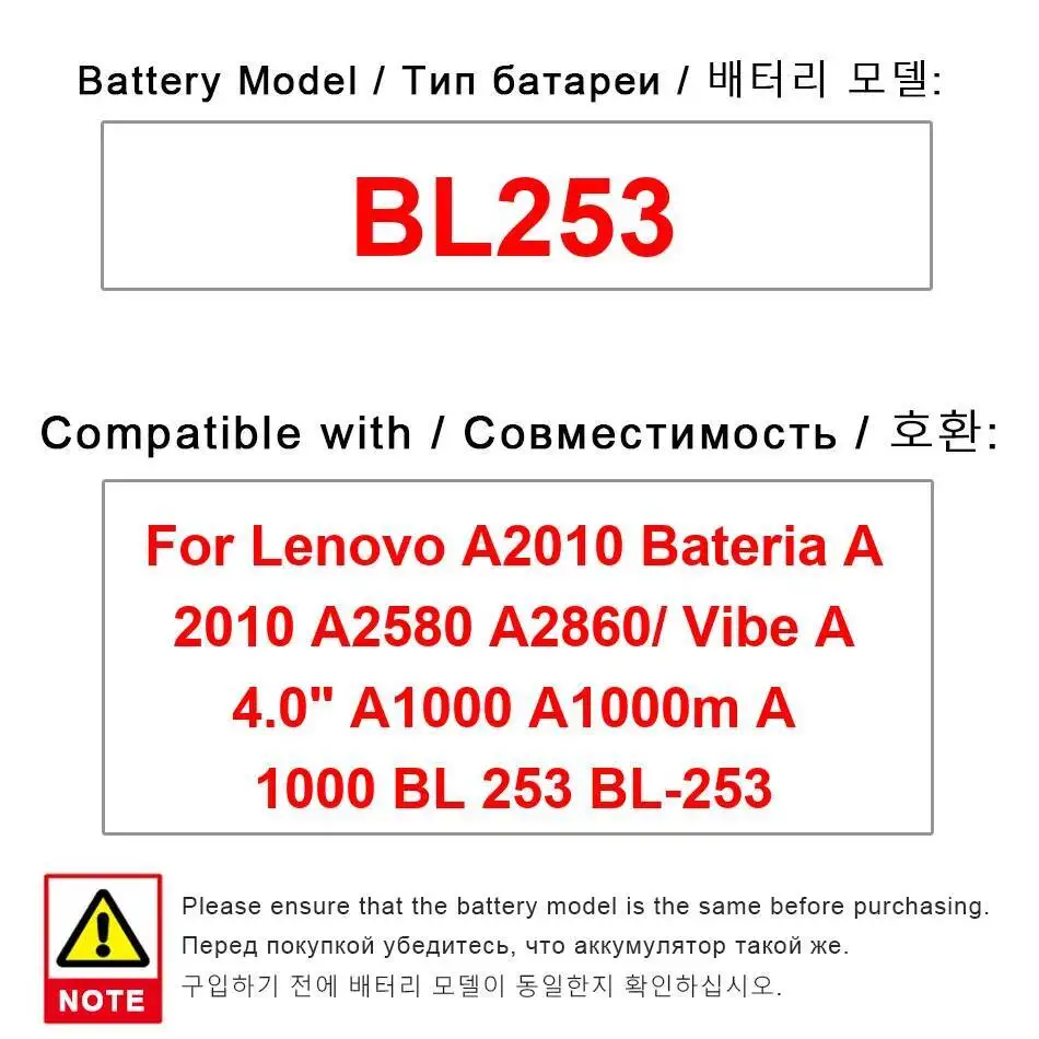

BL253 безопасный для Lenovo A2010 A2580 A2860 Vibe A 4,0 "A1000 A1000m аккумулятор мобильного телефона 2050 мАч