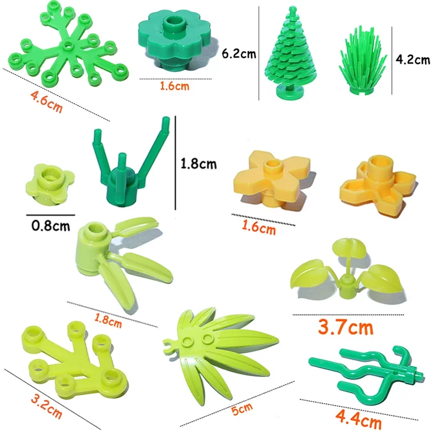 MOC-Grandes briques de construction de plantes, accessoires de ville, branche d\'arbre enrichie, sadenge vert, fleur, 2417, 2423, 4727, 6255, 30176,