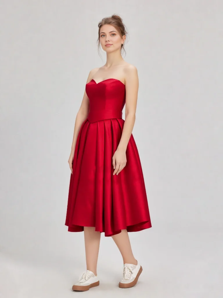 

YNQNFS Best - Selling Red Satin Strapless Heart - Neck Midi Party Dress,Fast delivery Bn02