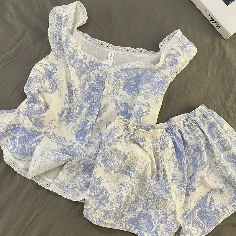 Summer Sleeveless Women's Sleepwear Set Home Clothes Small Lace Trim Top And Shorts Outfit Lightweight Cloud Cotton Nightgown