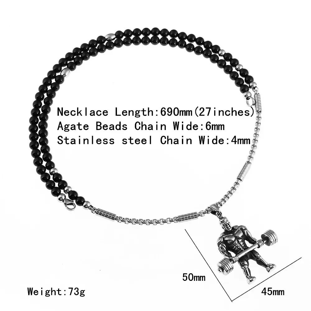 Swag Weightlifting Barbell Pendant Necklace with Black Natural Stone Beaded Necklace 27inches