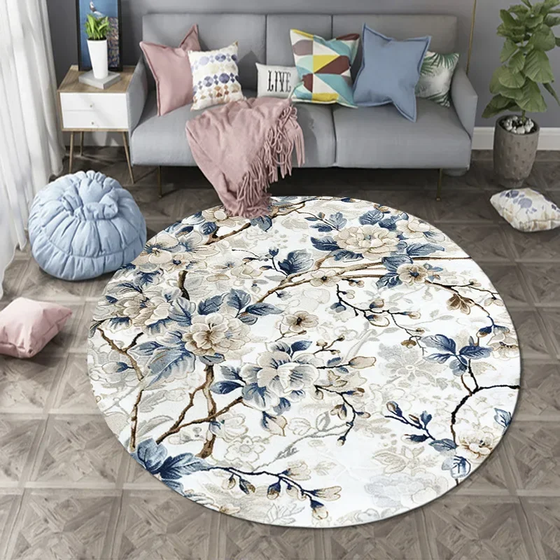 ~O~Artistic Modern Floral Round Rug with Daisy Rose & Nature-Inspired Earth Tones – Home Decor for Living Room Bedroom Office