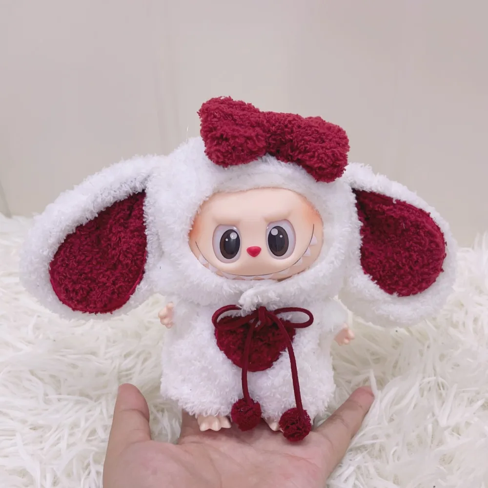 

For 17cm Labubu Dolls Accessories DIY Doll Clothes Heartbeat Long Eared Furry Rabbit Costume Cartoon Dress Up Labubu Outfit