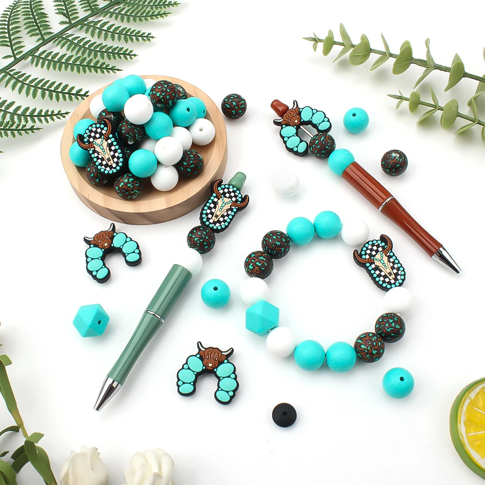 30Pcs/Set Turquoise Cowboy Silicone Bead Set Assorted Shapes Focal Beads for DIY Pens Keychains Bracelets Craft Kit Essentials
