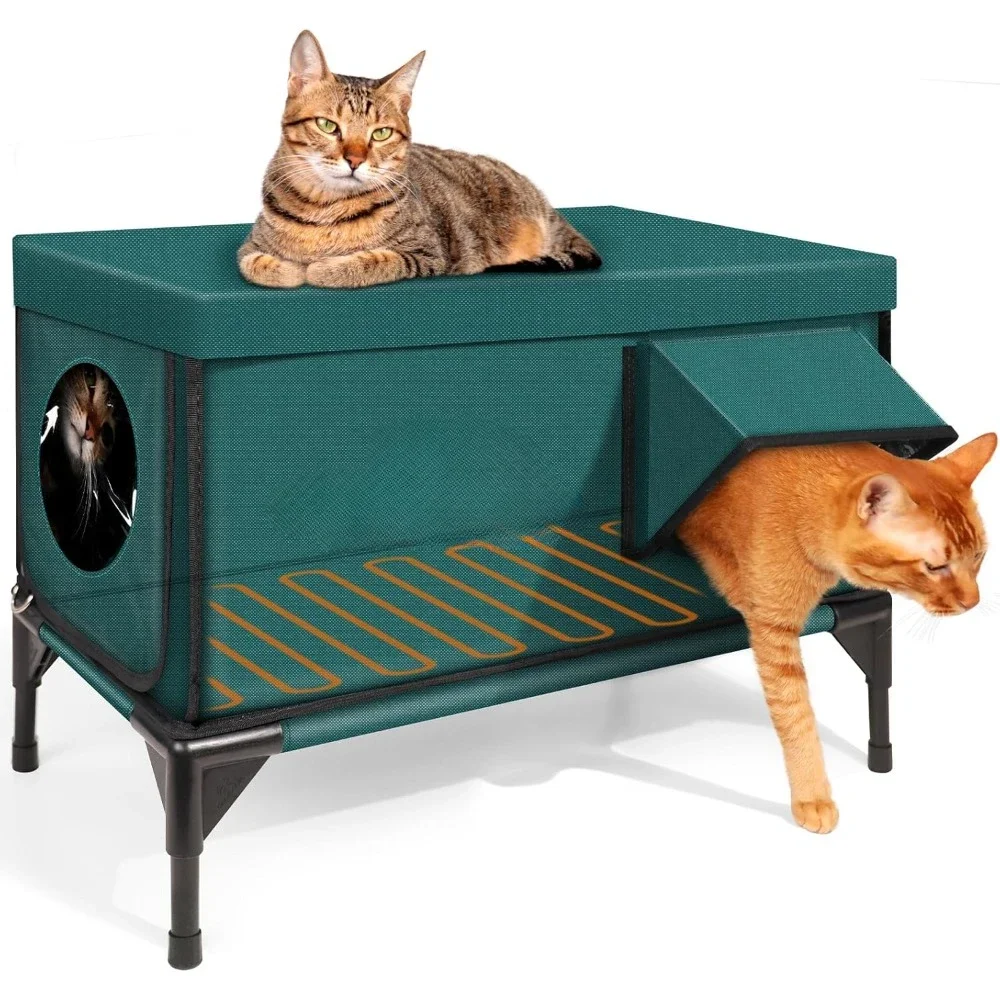 

Premium Heated Cat House for Outside in Winter, Elevated, 100% Waterproof, Safe Escape Door.