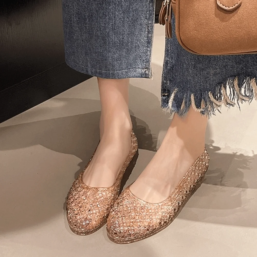 New Glitter Inlay Jelly Shoe Hollow Out Crystal Look Flat Sandal Flat Sole Breathable Slip On Shoe Casual Travel