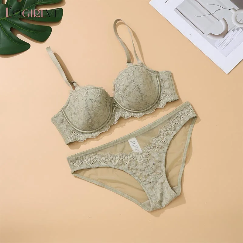 Logirlve Women's Push up Bra Set Green Brassiere 1/2 Cup Underwire Embroidered Lace Underwear for Women's New Collection