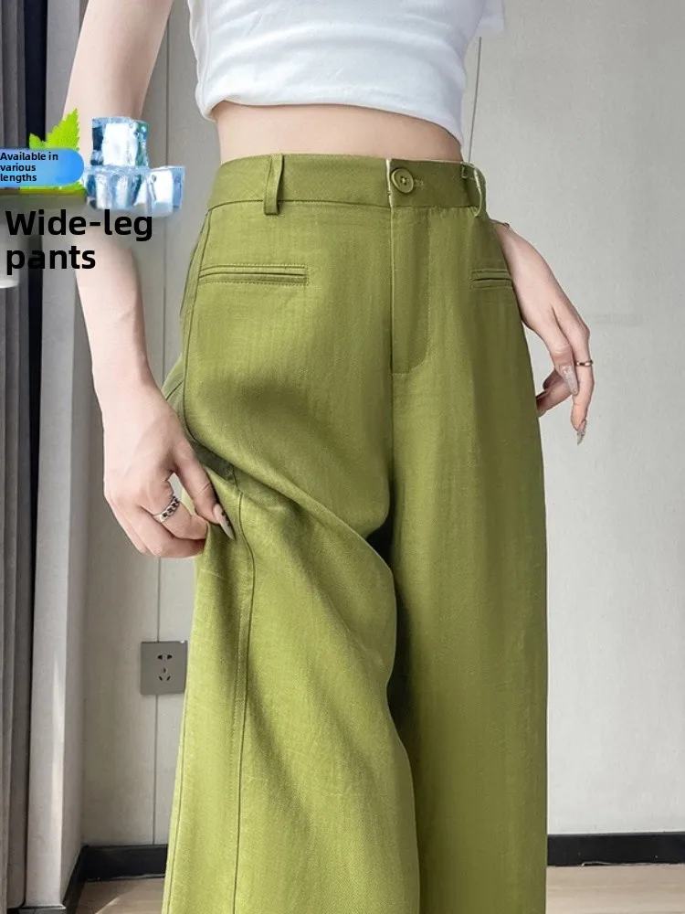 Green High-End Lyocell Linen Casual Pants Women Summer Thin Anti-Wrinkle Cotton Linen Ice Silk Wide Leg Pants Commute Style