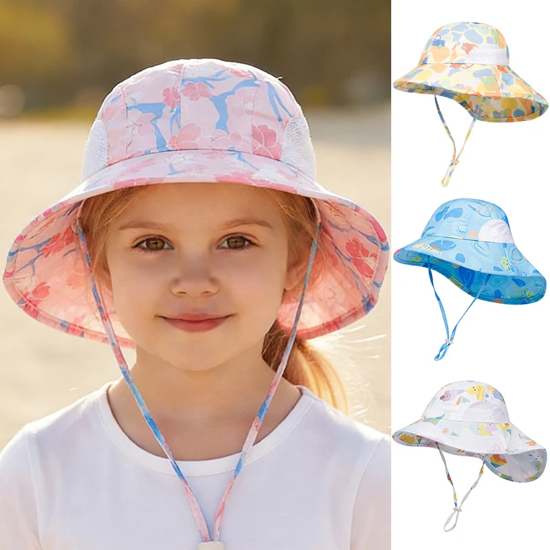 

Летние детские шапки, рыбацкая шляпа с мультяшным принтом для мальчиков и девочек, дышащая солнцезащитная кепка с большими полями, уличная пляжная защита от солнца