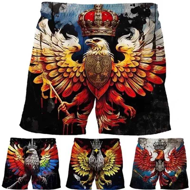 Short estampado em 3D com bandeira masculina, short gráfico de secagem rápida, moda de rua hip-hop, personalidade legal, arte águia