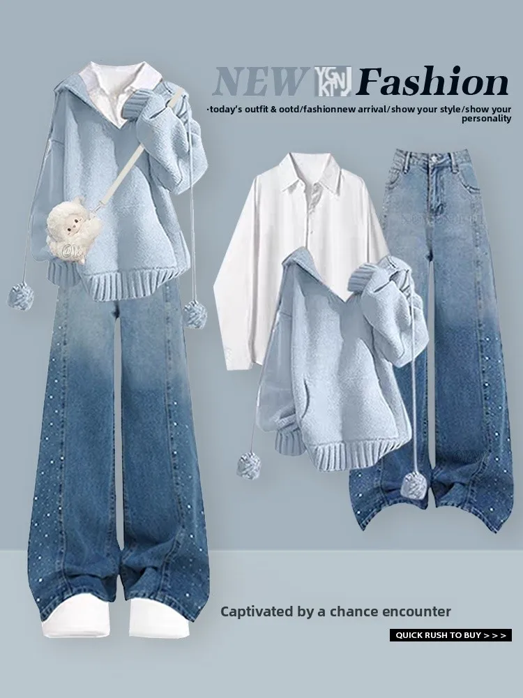 

Синий свитер-худи и джинсы с бриллиантами, модный зимний комплект для женщин, свободные брюки с высокой талией