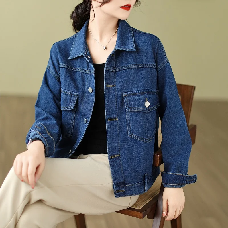 YQZ-88119-1#Real Shot Spot Denim Jacket Women's Korean Workwear Design Sense Jacket Student Denim Jacket Wholesale Blue Black