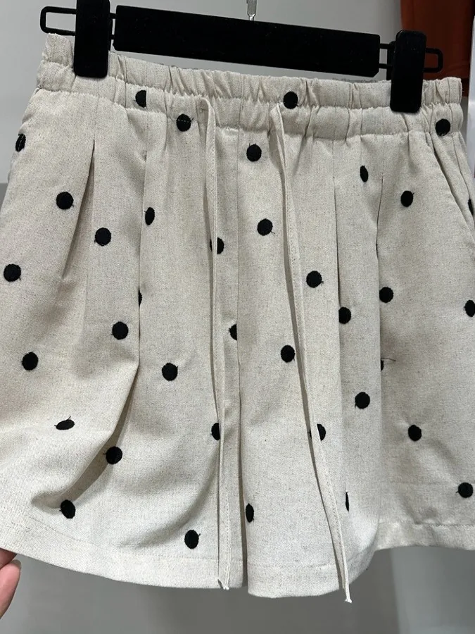 

Retro Polka Dot Linen Wide Leg ort Pants Women Summer Thin Loose Slimming Casual Straight Cotton Linen Trousers