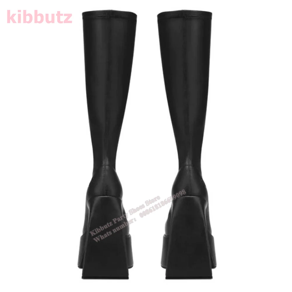 Stretch Tall Platform Boots Knee High Suede Leather Solid Black Slip-On Square Toe Chunky Heel Fashion Sexy Women Shoes Newest