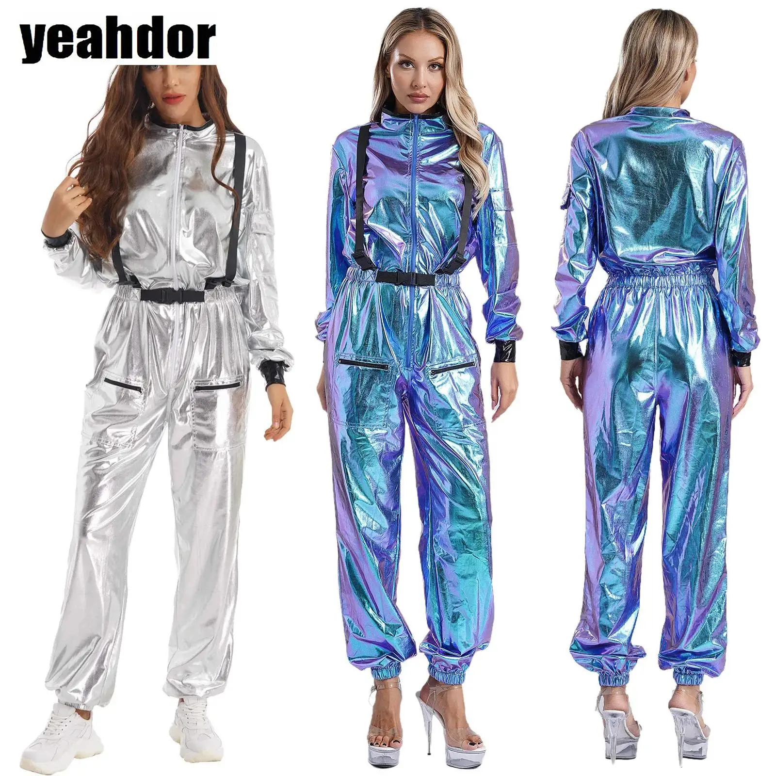 

Adult Silver Blue Astronaut Costume for Women Long Sleeve Shiny Metallic Jumpsuit Zipper Bodysuit Halloween Party Spacemans Suit