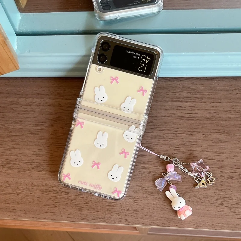 Luksusowe, urocze, przezroczyste etui na telefon z pełnym ekranem, z kokardką Miffy, składane, do Samsung Z Flip 7 6 5 4 3 ZFlip 8, styl Y2k, lalka Miffy ze smyczą. — zdjęcie produktu 6