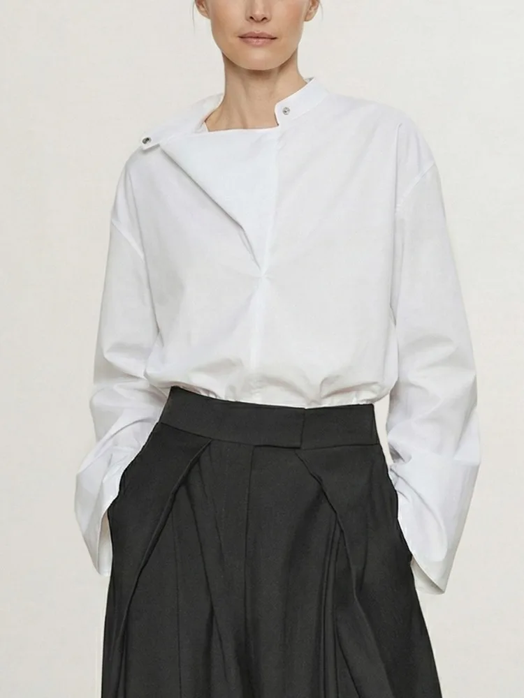 

Женская блузка Lemongor 2026: Новинка, асимметричный воротник-стойка, однотонная, свободного кроя, с длинными рукавами, повседневная, белая