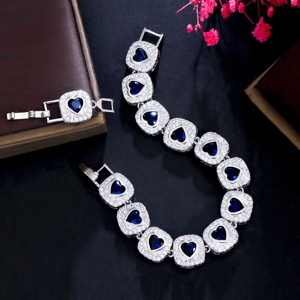 Pera Romantic White Gold Plated CZ Crystal Royal Blue Love Heart Link Bangles Bracelets for Women Wedding Party Jewelry B024