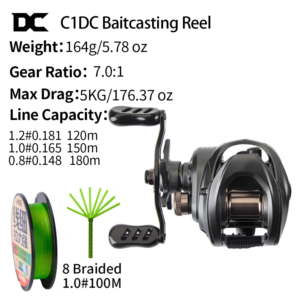 FISHINFANS C1Dc Baitcasting Angelrolle für Weitwürfe, Max. Bremskraft 5kg, Kohlenstoff-Scheiben, Messinggetriebe, 7.0:1, 5+1B DC Angelrolle