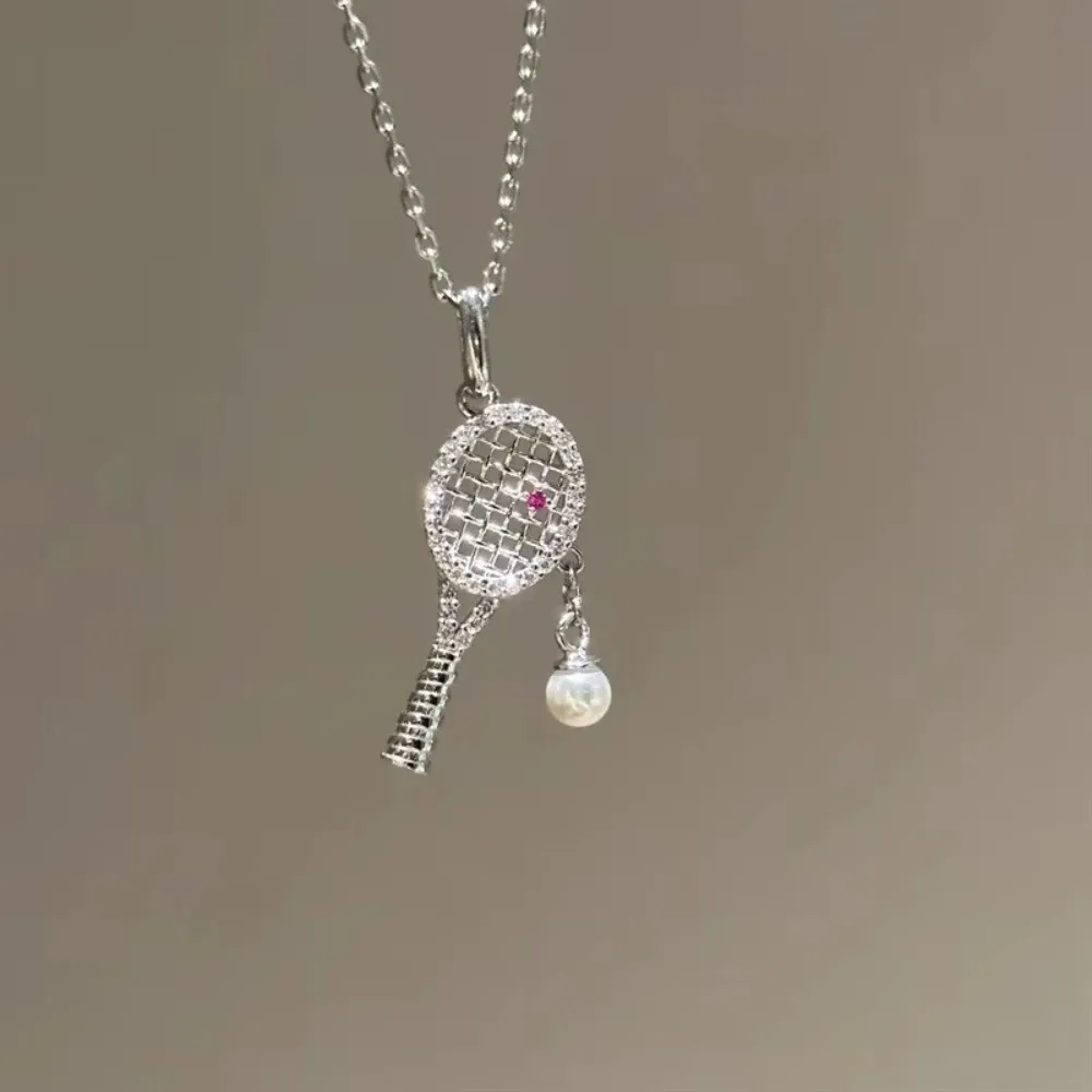 Pink Zircon Racquet Pendant Necklace Exquisite Design Rhinestone Accent Rhinestone Pendant Necklace Pearl Chain