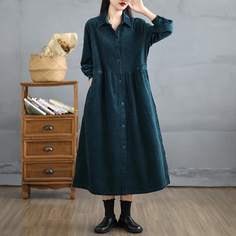 

Retro Artistic Corduroy Long Coat Women's Autumn Winter Outerwear Single Button Striped Loose Sle Commute Cotton Jaet