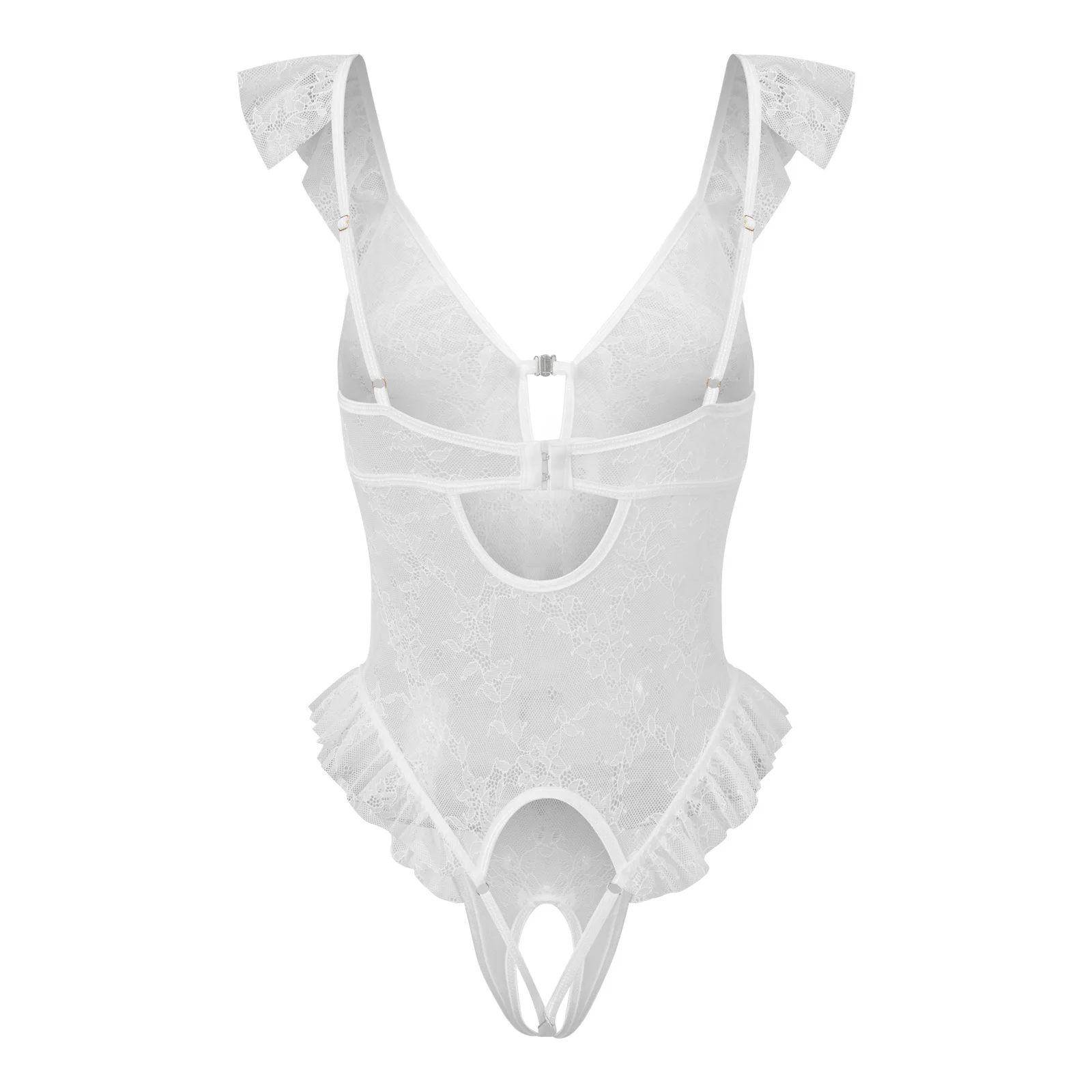 

Сексуальное черное кружевное боди-комбинезон без рукавов с глубоким V-образным вырезом, оборками и открытой промежностью, прозрачное интимное белье для сна