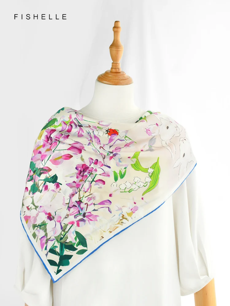 Bufanda de seda natural con estampado chino para mujer, pañuelo cuadrado de lujo para la cabeza, hijab, chal de primavera y verano