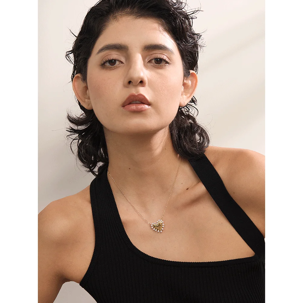 Yhpup Elegant Imitation Pearls Heart Love Popular Necklace Pendant Stainless Steel Romantic Collar Neck Jewelry Waterproof