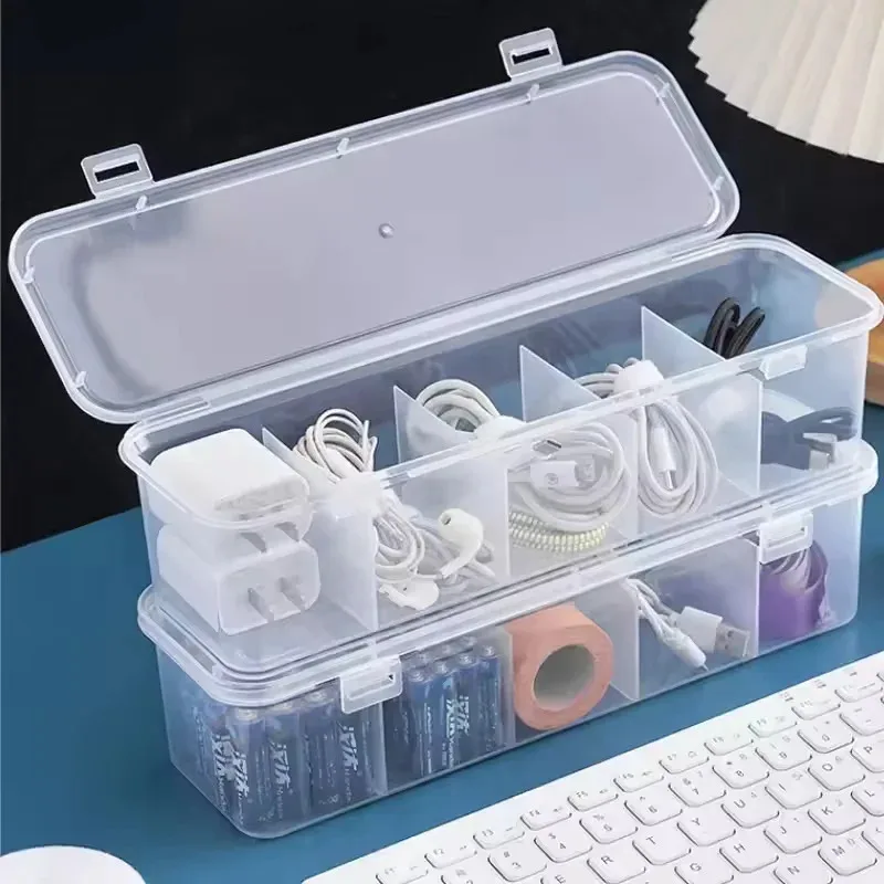 Transparent cable storage box, compartment organizer with lid, dust-proof tidy for use in office and home desk assessories