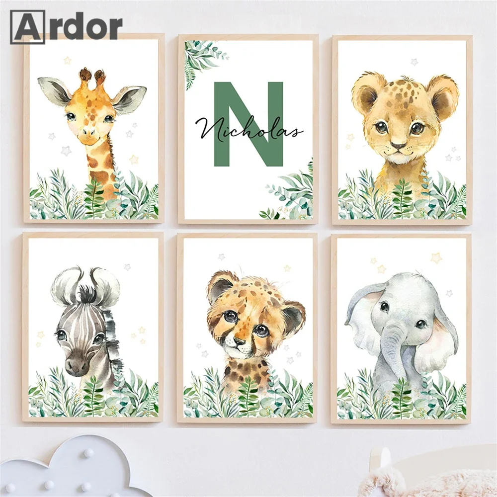 

Jungle Animals Green Leaves Poster Custom Name Canvas Painting Picture Lion Giraffe Art Prints Nursery Baby Kids Room Decoration