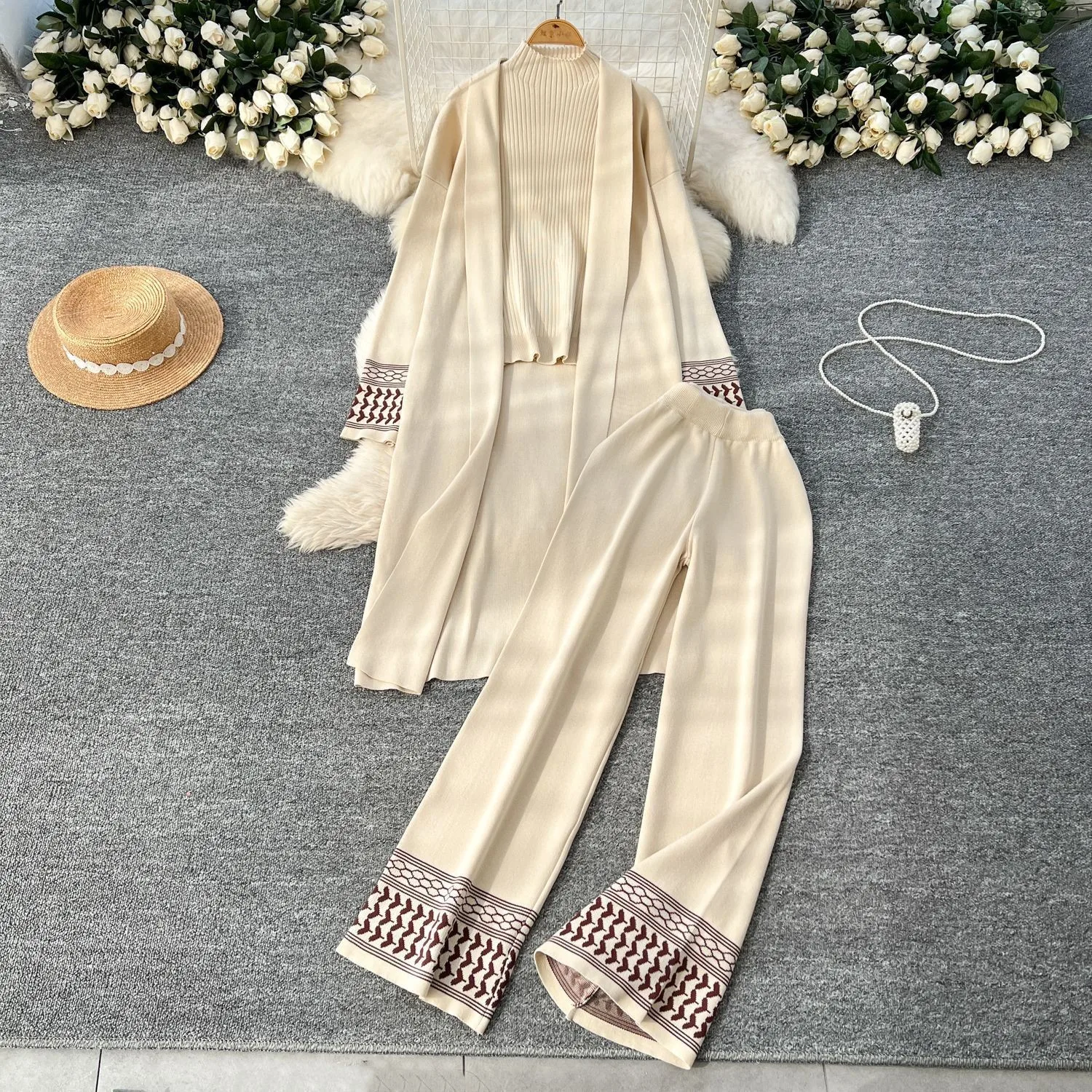 2 Pieces Set For Woman Sweater Crew Neck Beige Knit Top Ethnic Print Trim Rust Pullover Oversized Fit Black Long Sleeve Sweater