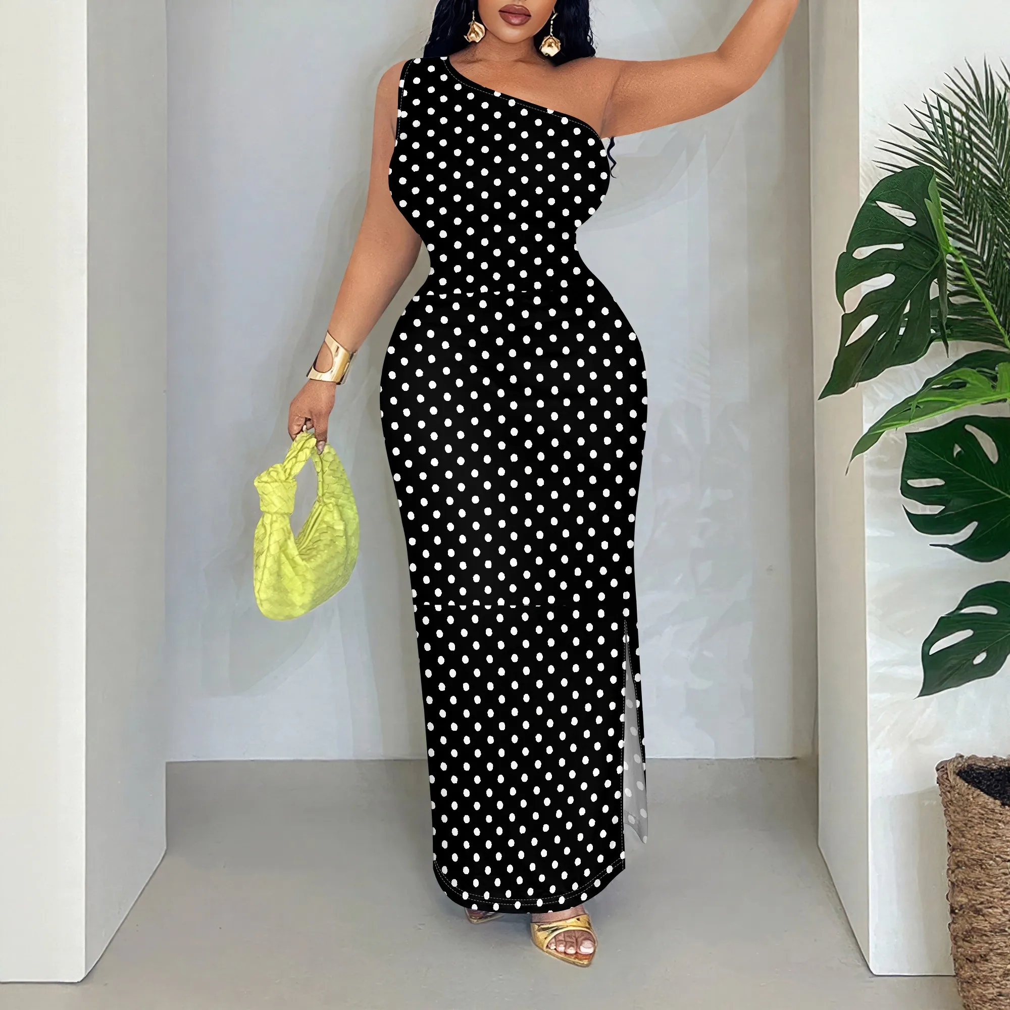 

Polka Dot Dress, Sleeveless Asymmetric Neck, Ruched Waist Maxi Gown, Side Slit Party Evening Wear, S-2XL