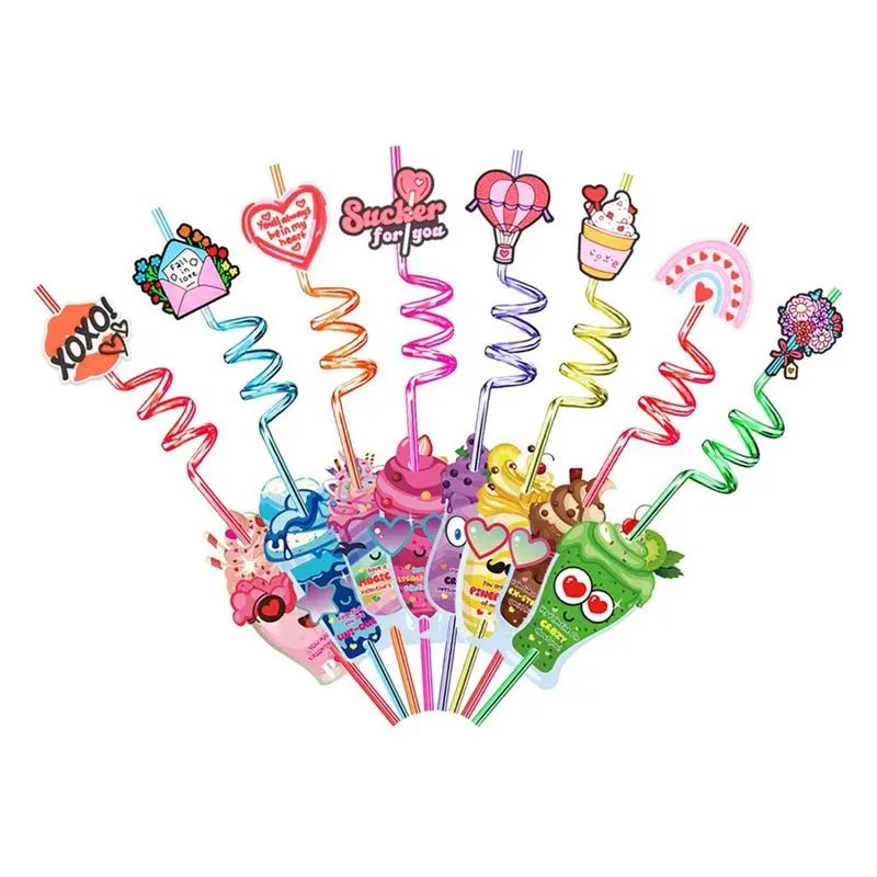 A20F-Straws For Children's Valentine's Cards, With Heart-Shaped Bags And Stickers, Are Used For Classroom Exchange.