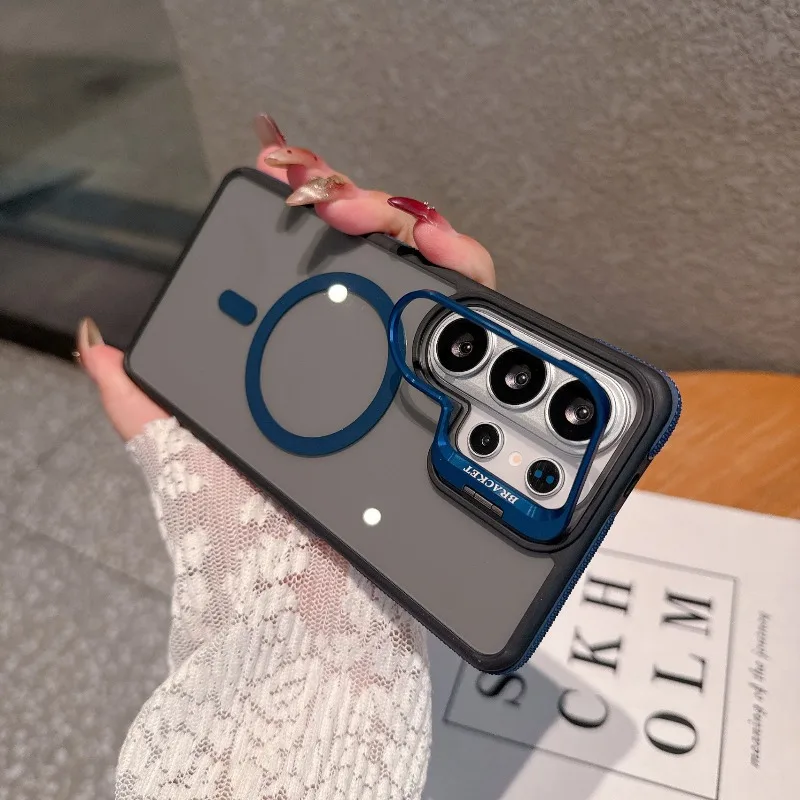 Luxury Hidden Lens Stand For Magsafe Phone Case For Samsung Galaxy S26 Ultra 25 24 23 Wireless Charging Solid Color Matte Cover view 4