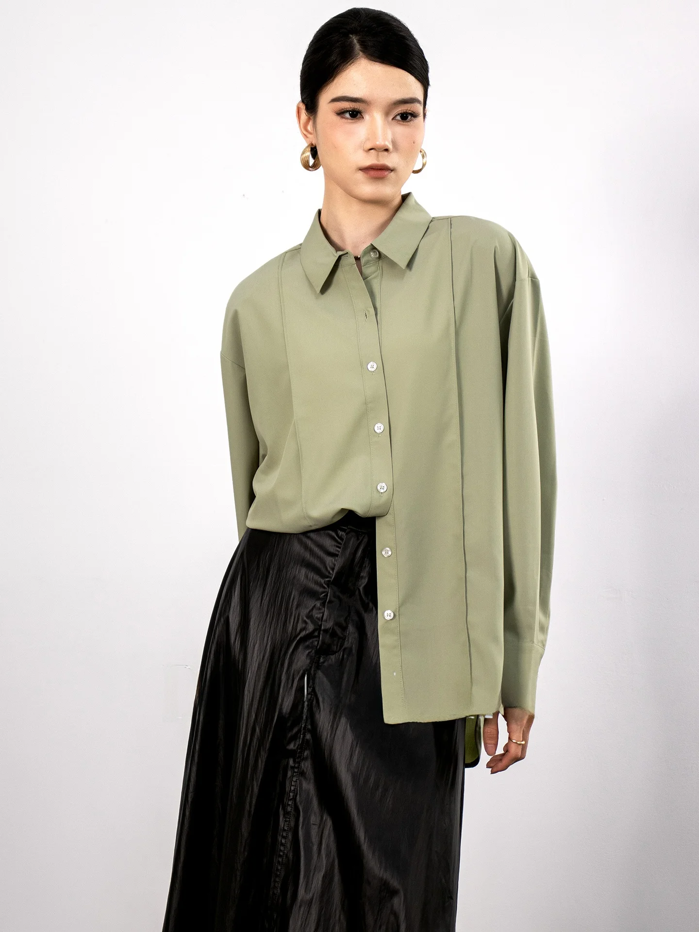 

DianThia Slimming Stripe Design Loose Fit Long Sleeve Women's Shirt Fashionable Green Shape Youthful Style Polyester Fiber