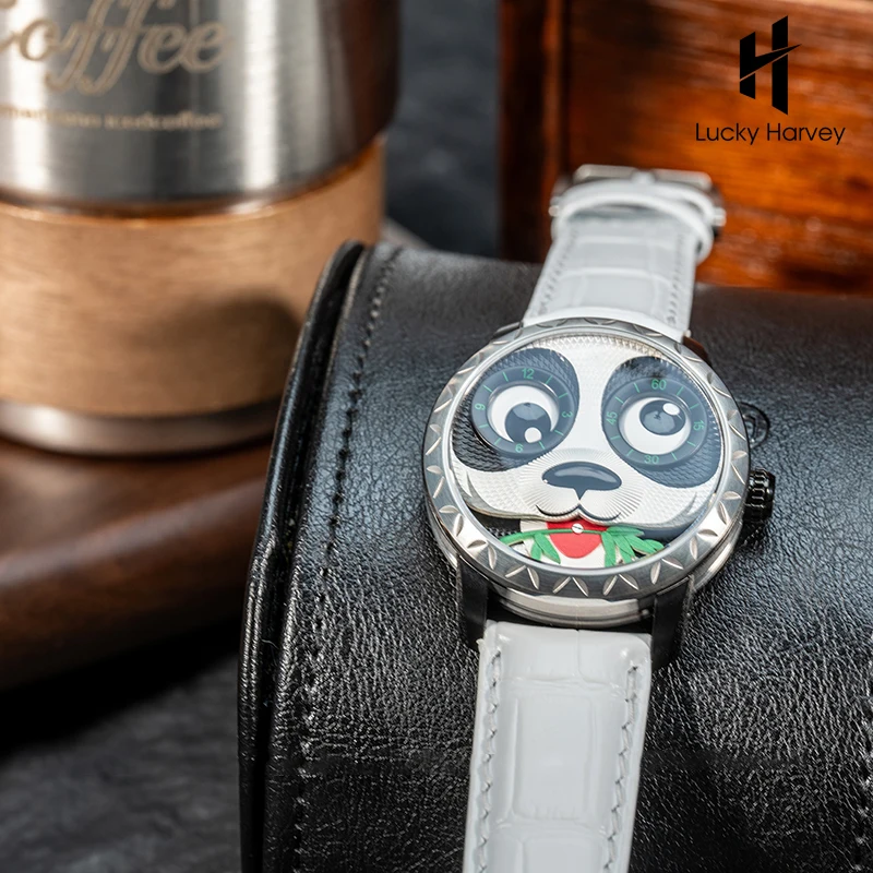 Lucky Harvey Automatic Mechanical 40mm Watches For Man Party Sapphire Panda Automaton Eat Bamboo Men Watches Luxury Interesting