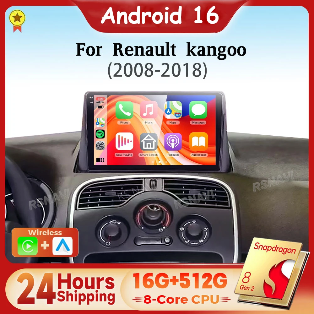 Android 16 Qualcomm Carplay Auto 2K Screen Car Radio Multimedia Player For Renault Kangoo 2007 - 2009 Autoradio GPS Stereo 2din