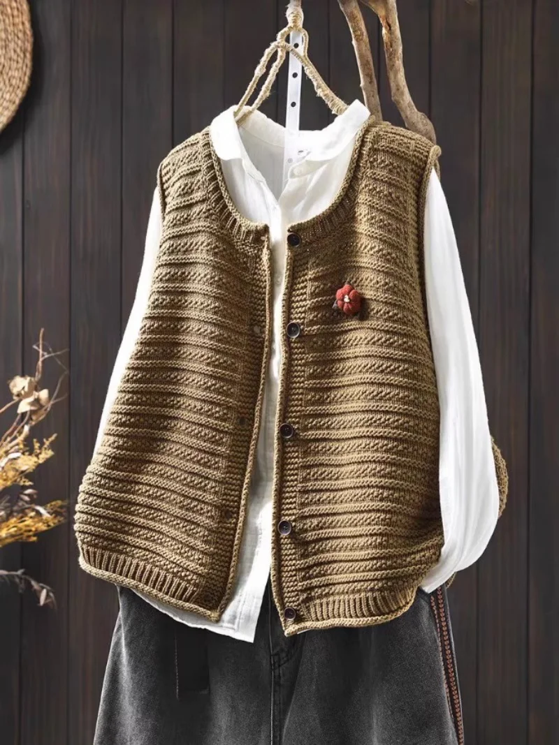 

Handmade Flower Cotton Thread Knitted Vest Cardigan For Women Loose 2025 Autumn New Style Casual Sweater Top W481