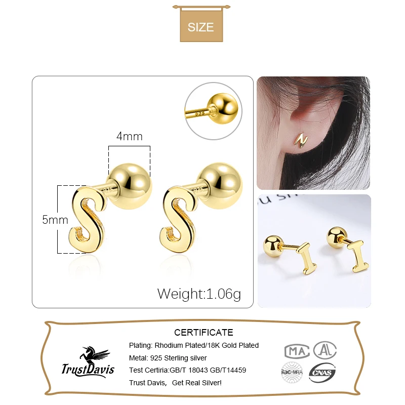 TrustDavis Real 925 Sterling Silver 26 Letter Screw Beads Stud Earring For Women Children Baby Minimalist Fine Jewelry DA2867