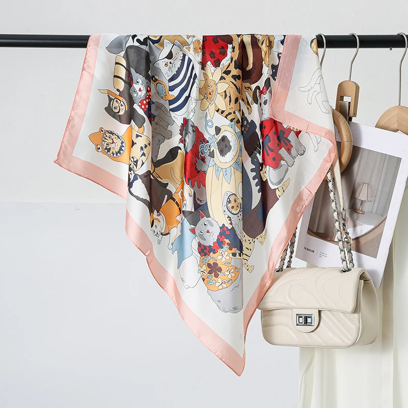 

Luxury Brand Square Silk Scarf Women Shawl Headbands Small Soft NeckKerchief Cat Print Female Bandana Satin Hijab Scarves 70cm